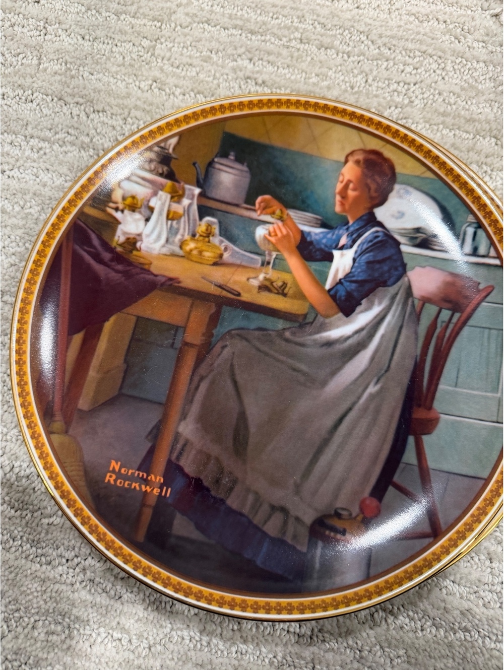 Norman Rockwell Knowles collector plate woman sewing by window scene
